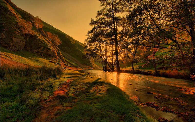 River in Valley at Sunset — Green, Serene, Photograph