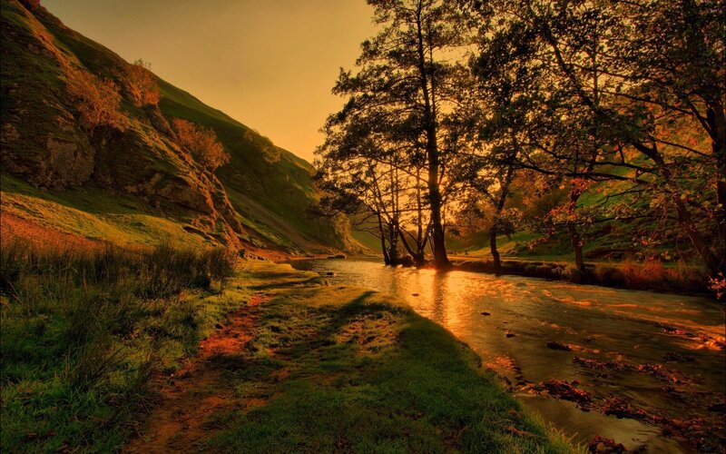 River in Valley at Sunset — Green, Serene, Photograph, Trees, Hills