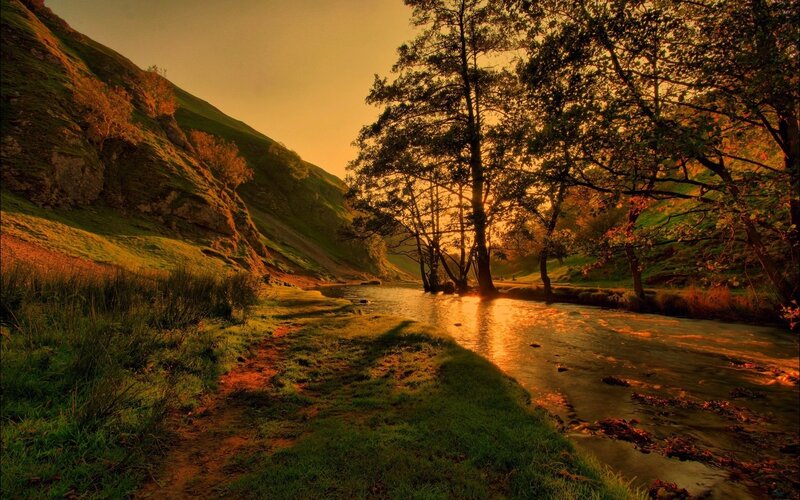 River in Valley at Sunset — Green, Serene, Photograph, Trees