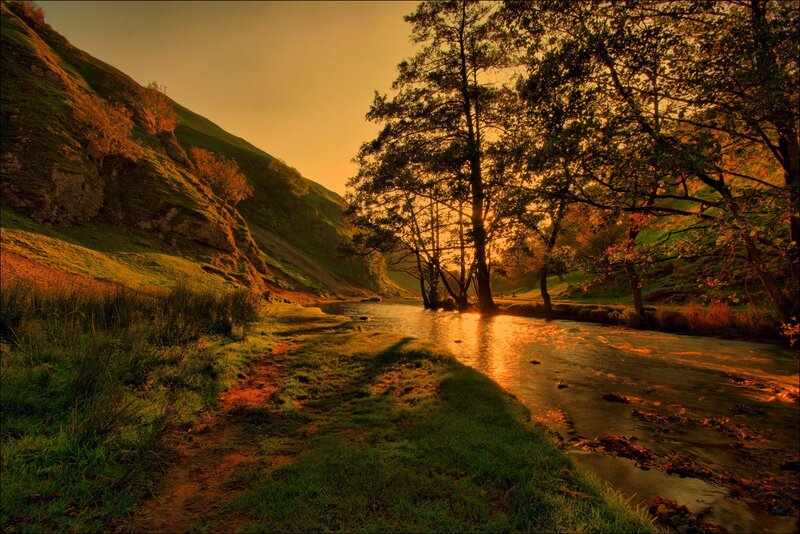 River in Valley at Sunset — Green, Serene