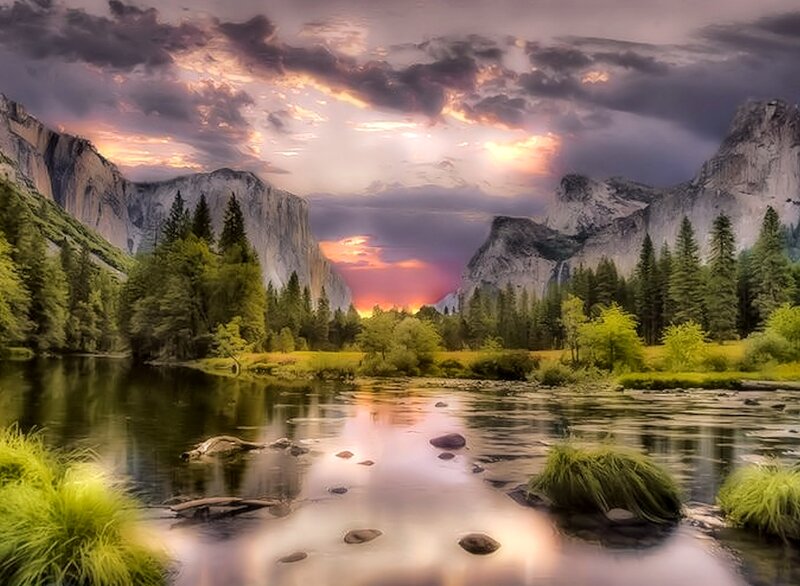 River in Valley at Sunset — Purple, Dramatic