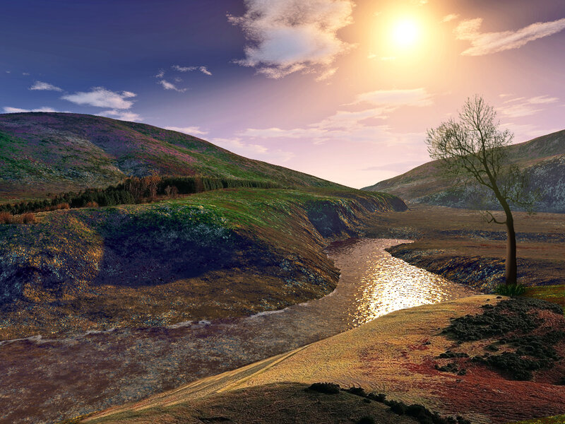 River in Valley at Sunset — Purple