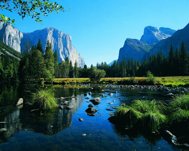 River in Valley — Blue, Serene, Afternoon, Photograph, Mountains, Trees, Rocks, Green