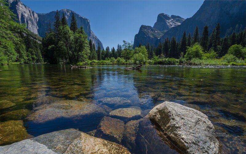 River in Valley — Blue, Serene, Afternoon, Photograph, Mountains, Trees, Rocks