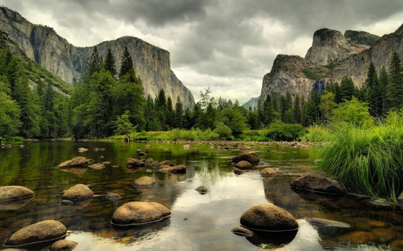 River in Valley — Green, Dramatic, Afternoon, Photograph