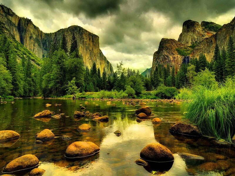 River in Valley — Green, Dramatic, Photograph