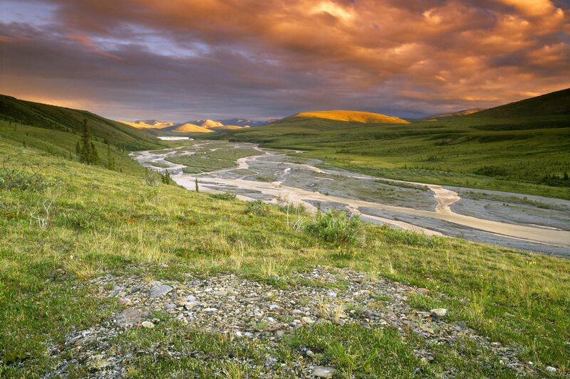 River in Valley — Green, Dramatic, Sunset, Photograph, Hills, Sky, Gravel