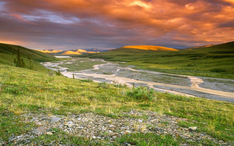 River in Valley — Green, Dramatic, Sunset, Photograph, Hills, Sky