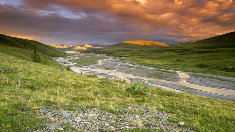 River in Valley — Green, Dramatic, Sunset, Photograph, Hills