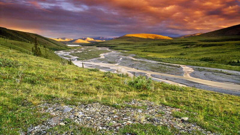 River in Valley — Green, Dramatic, Sunset, Photograph, Mountains, Sky