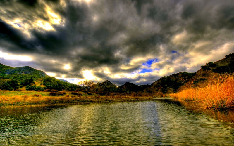 River in Valley — Green, Dramatic, Sunset, Photograph