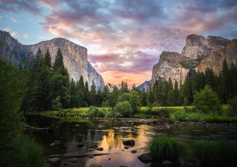 River in Valley — Green, Serene, Sunset