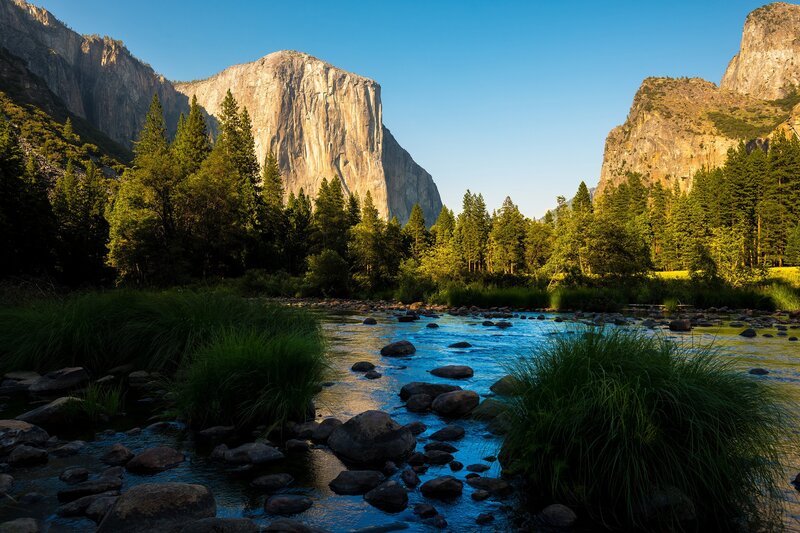 River in Valley with Cliffs — Blue, Serene, Morning