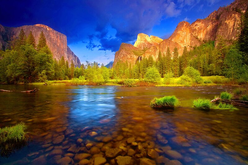River in Valley with Mountains — Blue, Dramatic, Sunset