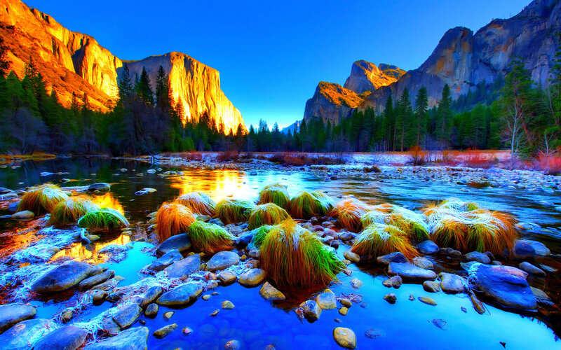 River in Valley with Mountains — Blue, Dramatic