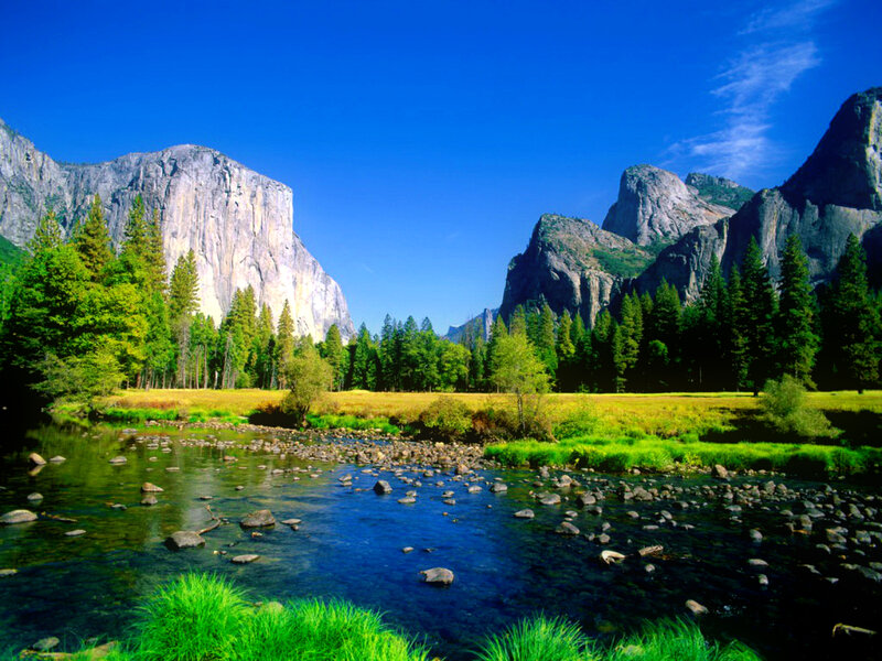 River in Valley with Mountains — Blue, Serene, Afternoon, Photograph, Trees, Meadow
