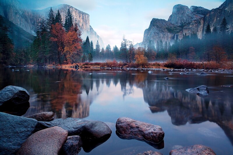 River in Valley with Mountains — Blue, Serene, Morning