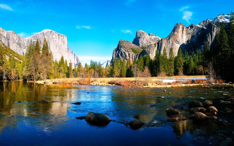 River in Valley with Mountains — Blue, Serene