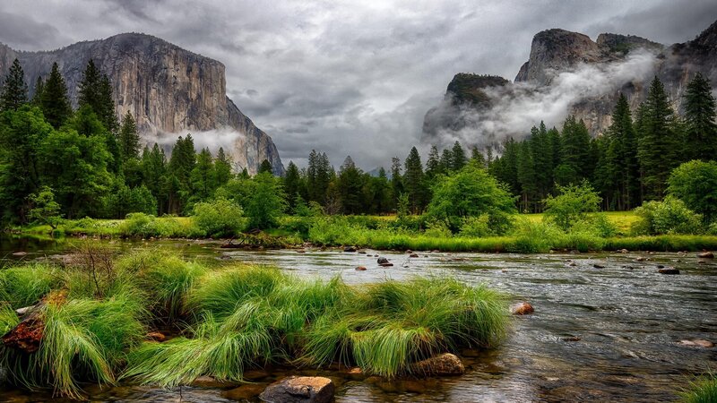 River in Valley with Mountains — Green, Dramatic, Morning