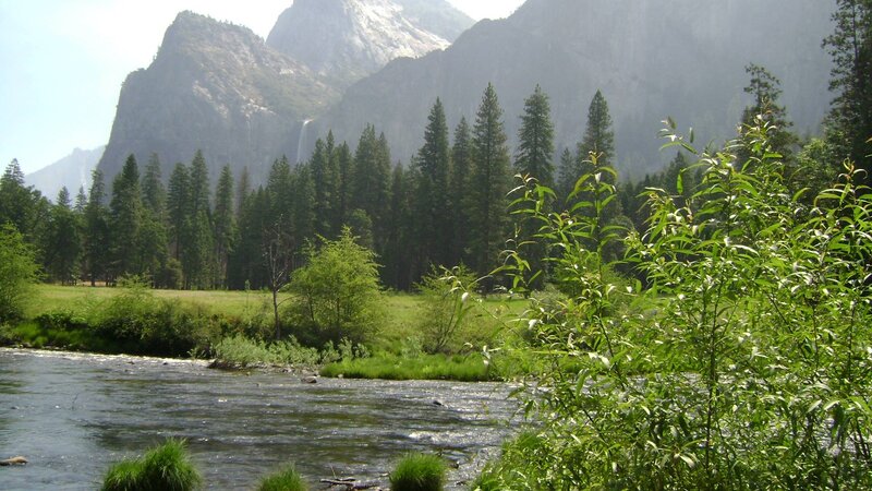 River in Valley with Mountains — Green, Serene, Afternoon, Photograph, Trees, Waterfall
