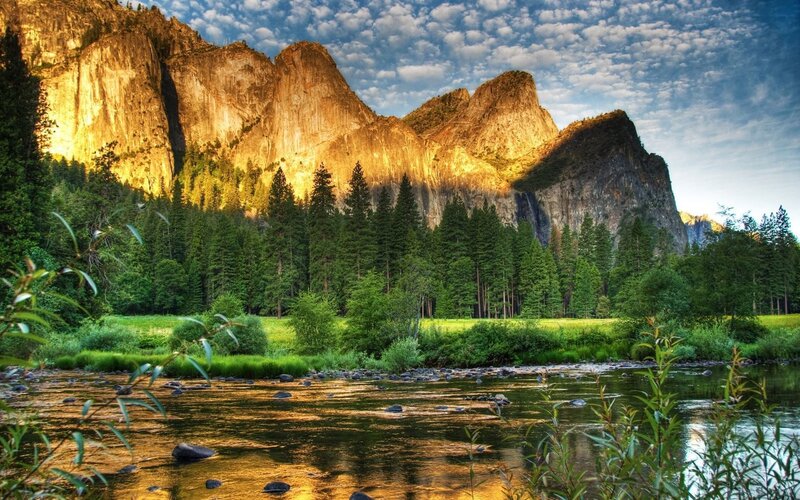 River in Valley with Mountains — Green, Serene, Sunset