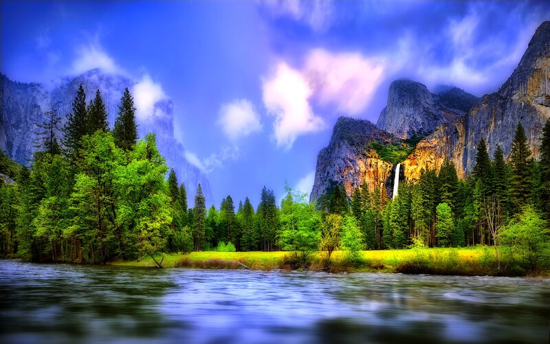 River in Valley with Waterfall