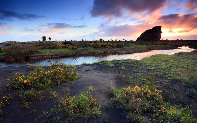 River in Volcanic Landscape — Blue, Dramatic, Sunset