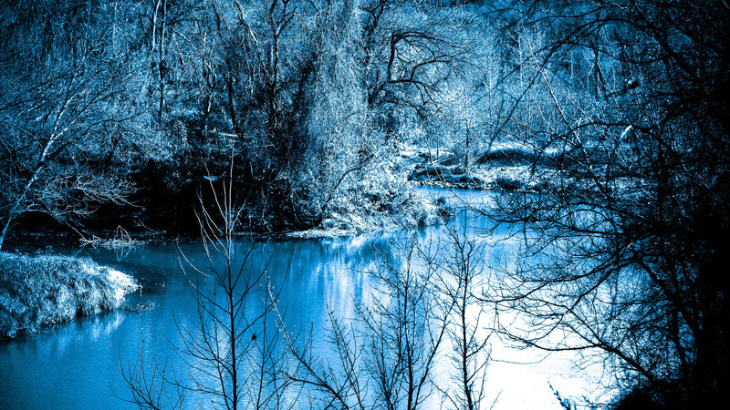 River in Winter Forest — Blue, Cold, Photograph