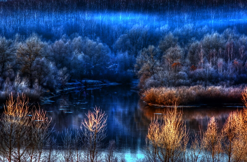 River in Winter Forest — Blue