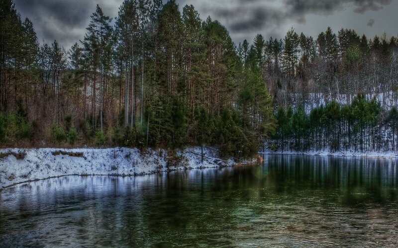 River in Winter Forest — Green, Dramatic