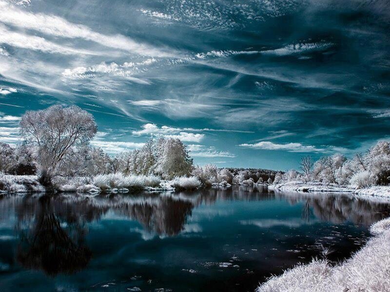 River in Winter Landscape — Blue, Dramatic, Photograph
