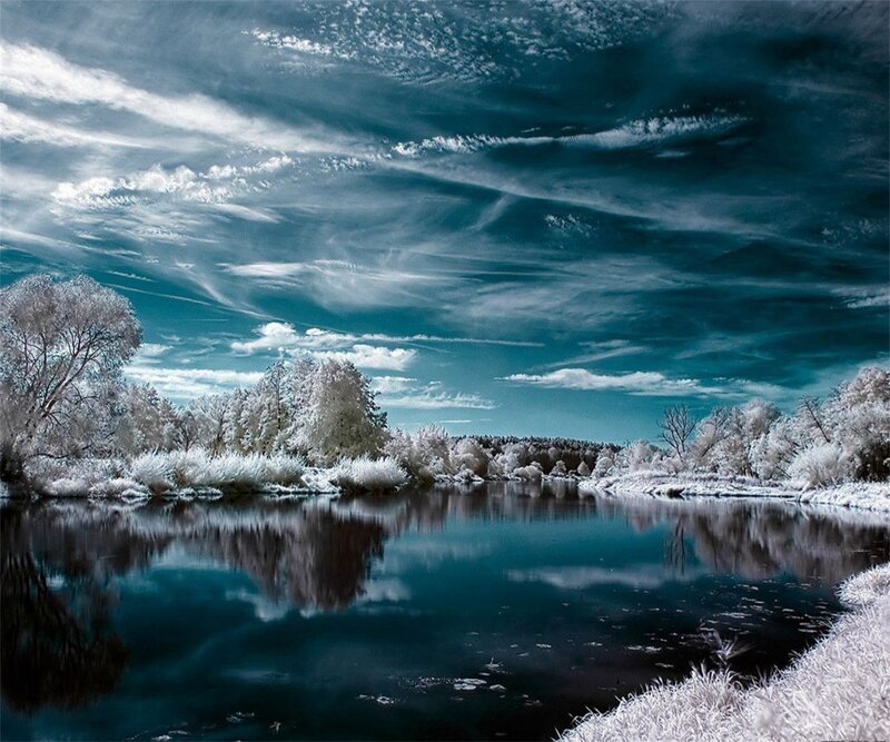 River in Winter Landscape — Blue, Dramatic, Photograph, Trees, Sky, Reflection