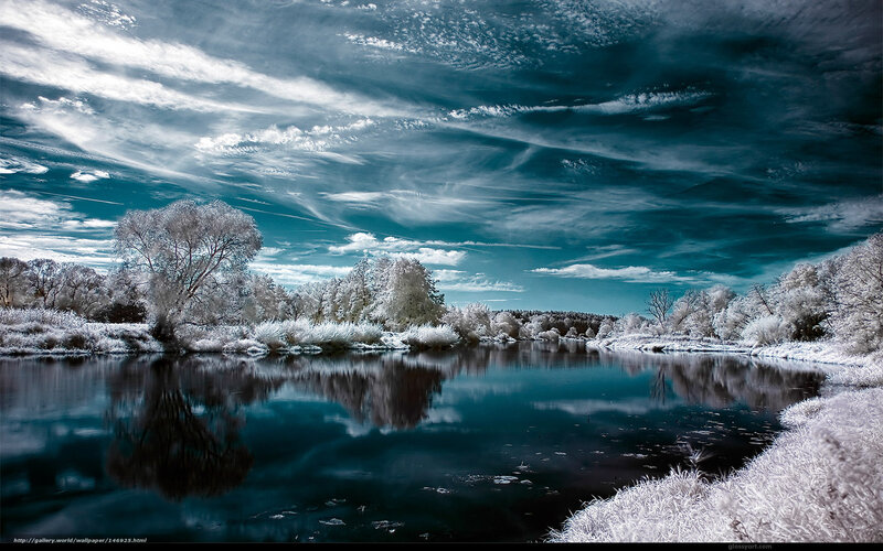 River in Winter Landscape — Blue, Dramatic, Photograph, Trees