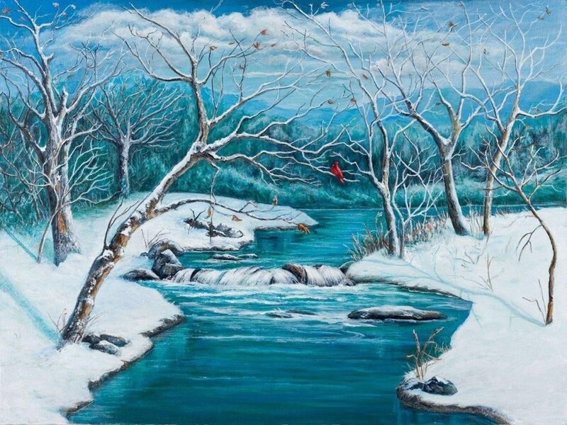 River in Winter Landscape — Blue, Serene, Painting