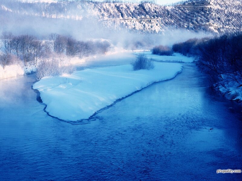 River in Winter Landscape — Blue, Serene, Photograph, Snow