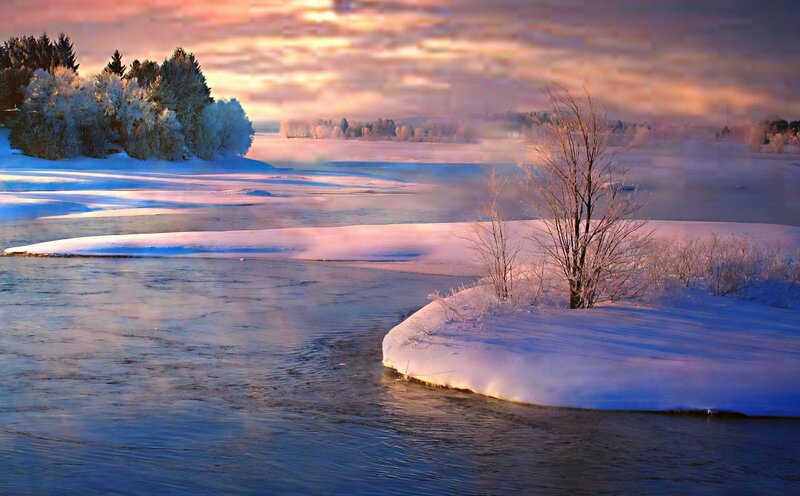 River in Winter Landscape — Blue, Serene, Photograph, Snow, Trees