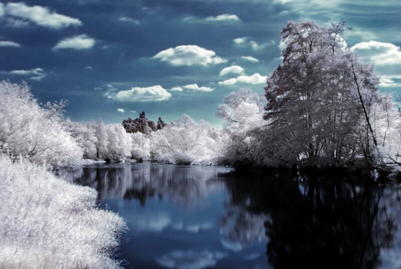 River in Winter Landscape — Blue, Serene, Photograph, Trees, Clouds