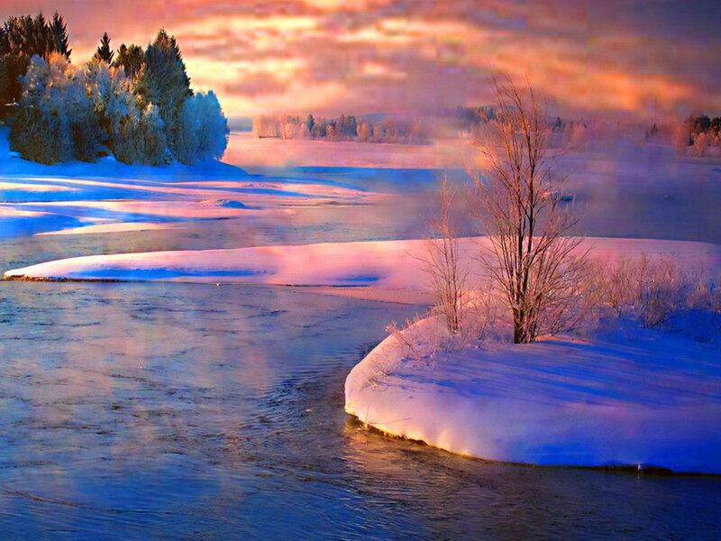 River in Winter Landscape — Blue, Serene, Photograph, Trees, Snow