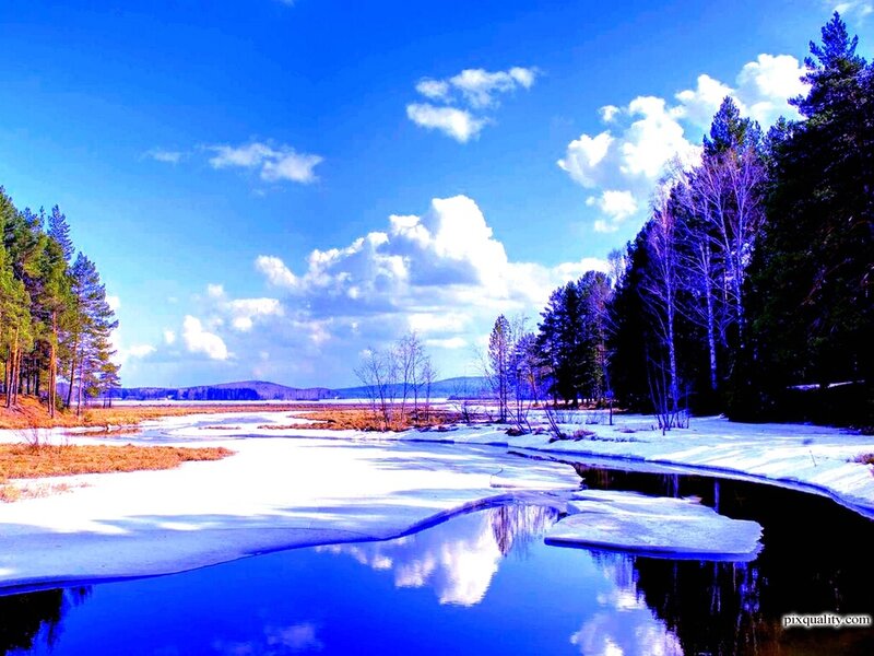 River in Winter Landscape — Blue, Serene, Photograph, Trees