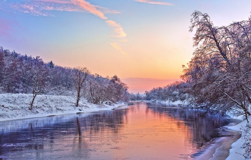 River in Winter Landscape — Blue, Serene, Sunset