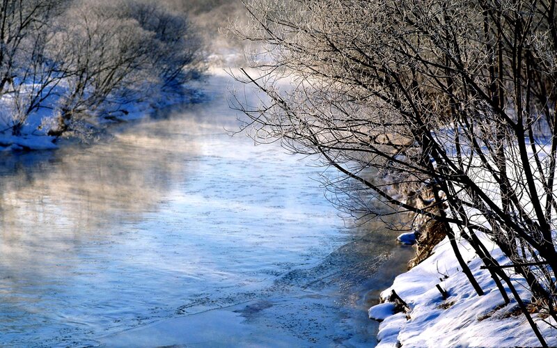 River in Winter Landscape — Blue