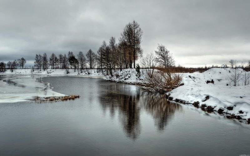 River in Winter Landscape — Gray