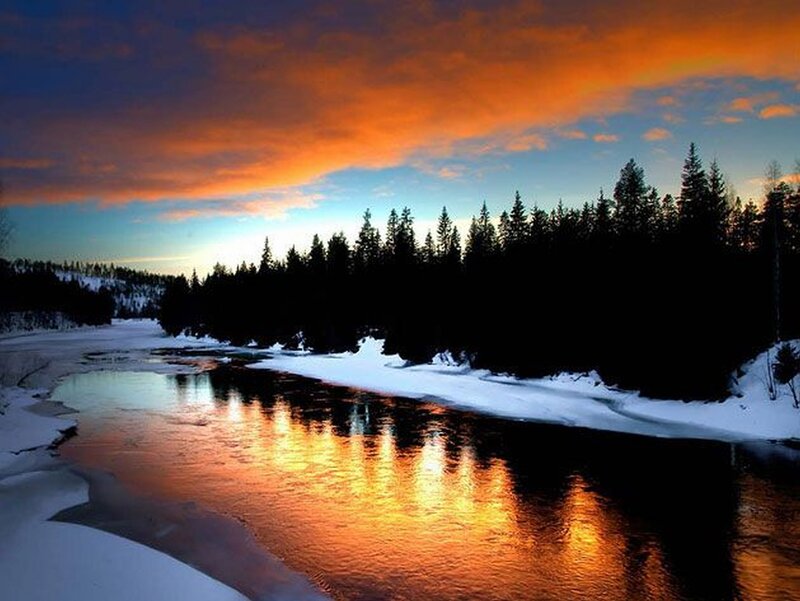 River in Winter Landscape — Orange, Dramatic