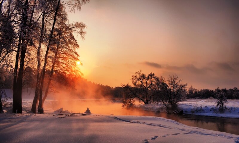 River in Winter Landscape — Orange, Serene, Photograph
