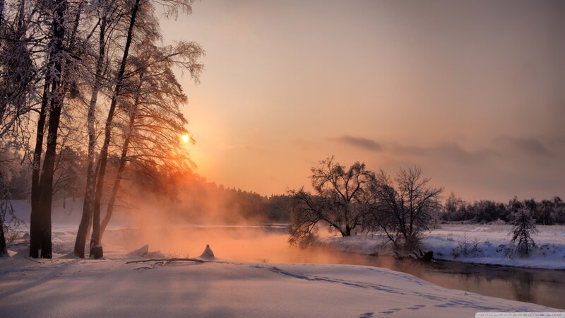 River in Winter Landscape — Orange, Serene, Photograph, Trees