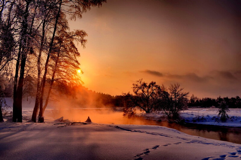 River in Winter Landscape — Orange, Serene, Sunset, Photograph