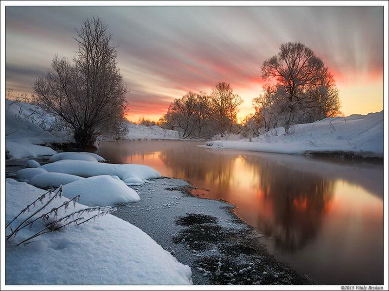 River in Winter Landscape — Orange, Serene, Sunset