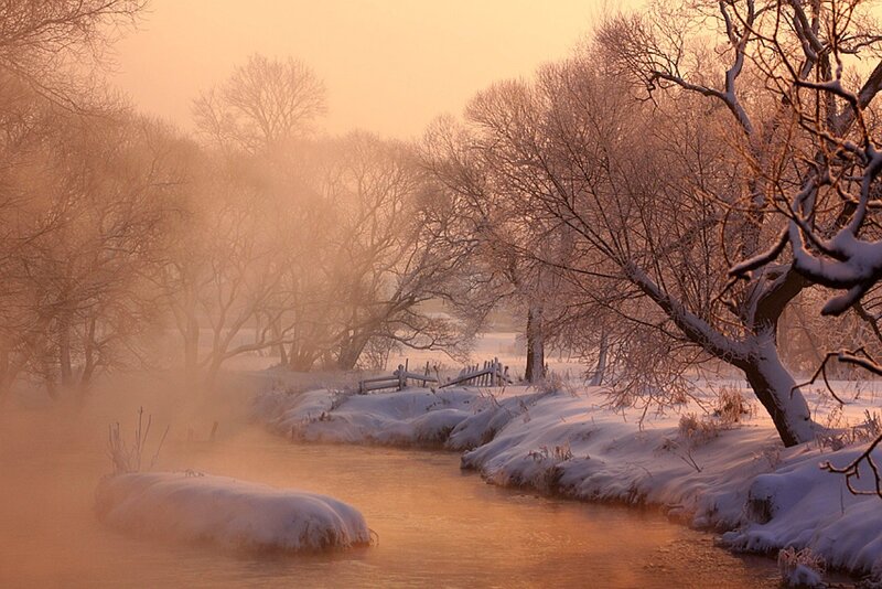 River in Winter Landscape — Orange