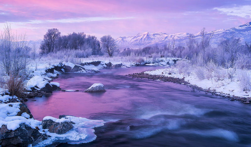 River in Winter Landscape — Purple, Serene, Photograph