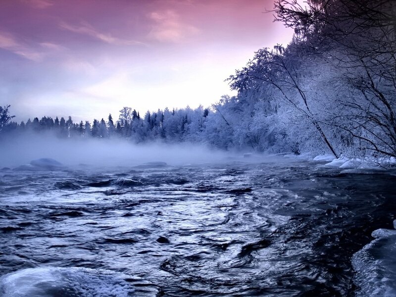 River in Winter Landscape — Purple